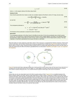 (6.48)ac = rω2
,
where ω is the angular velocity of the Moon about Earth.
Solution for (b)
Given that the period (the time it takes to make one complete rotation) of the Moon's orbit is 27.3 days, (d) and using
(6.49)
1 d×24hr
d
×60min
hr
×60 s
min
= 86,400 s
we see that
(6.50)
ω = Δθ
Δt
= 2π rad
(27.3 d)(86,400 s/d)
= 2.66×10−6rad
s .
The centripetal acceleration is
(6.51)ac = rω2
= (3.84×108
m)(2.66×10−6
rad/s)2
= 2.72×10−3
m/s.2
The direction of the acceleration is toward the center of the Earth.
Discussion
The centripetal acceleration of the Moon found in (b) differs by less than 1% from the acceleration due to Earth's gravity
found in (a). This agreement is approximate because the Moon's orbit is slightly elliptical, and Earth is not stationary (rather
the Earth-Moon system rotates about its center of mass, which is located some 1700 km below Earth's surface). The clear
implication is that Earth's gravitational force causes the Moon to orbit Earth.
Why does Earth not remain stationary as the Moon orbits it? This is because, as expected from Newton's third law, if Earth exerts
a force on the Moon, then the Moon should exert an equal and opposite force on Earth (see Figure 6.23). We do not sense the
Moon's effect on Earth's motion, because the Moon's gravity moves our bodies right along with Earth but there are other signs on
Earth that clearly show the effect of the Moon's gravitational force as discussed in Satellites and Kepler's Laws: An Argument
for Simplicity.
Figure 6.23 (a) Earth and the Moon rotate approximately once a month around their common center of mass. (b) Their center of mass orbits the Sun in
an elliptical orbit, but Earth's path around the Sun has “wiggles” in it. Similar wiggles in the paths of stars have been observed and are considered
direct evidence of planets orbiting those stars. This is important because the planets' reflected light is often too dim to be observed.
Tides
Ocean tides are one very observable result of the Moon's gravity acting on Earth. Figure 6.24 is a simplified drawing of the
Moon's position relative to the tides. Because water easily flows on Earth's surface, a high tide is created on the side of Earth
nearest to the Moon, where the Moon's gravitational pull is strongest. Why is there also a high tide on the opposite side of Earth?
The answer is that Earth is pulled toward the Moon more than the water on the far side, because Earth is closer to the Moon. So
the water on the side of Earth closest to the Moon is pulled away from Earth, and Earth is pulled away from water on the far side.
As Earth rotates, the tidal bulge (an effect of the tidal forces between an orbiting natural satellite and the primary planet that it
orbits) keeps its orientation with the Moon. Thus there are two tides per day (the actual tidal period is about 12 hours and 25.2
minutes), because the Moon moves in its orbit each day as well).
240 Chapter 6 | Gravitation and Uniform Circular Motion
This content is available for free at http://cnx.org/content/col11844/1.13
 