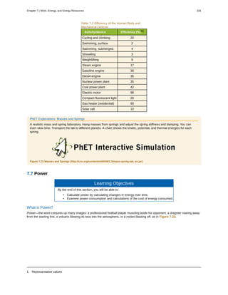 Table 7.2 Efficiency of the Human Body and
Mechanical Devices
Activity/device Efficiency (%)[1]
Cycling and climbing 20
Swimming, surface 2
Swimming, submerged 4
Shoveling 3
Weightlifting 9
Steam engine 17
Gasoline engine 30
Diesel engine 35
Nuclear power plant 35
Coal power plant 42
Electric motor 98
Compact fluorescent light 20
Gas heater (residential) 90
Solar cell 10
PhET Explorations: Masses and Springs
A realistic mass and spring laboratory. Hang masses from springs and adjust the spring stiffness and damping. You can
even slow time. Transport the lab to different planets. A chart shows the kinetic, potential, and thermal energies for each
spring.
Figure 7.22 Masses and Springs (http://cnx.org/content/m55049/1.3/mass-spring-lab_en.jar)
7.7 Power
Learning Objectives
By the end of this section, you will be able to:
• Calculate power by calculating changes in energy over time.
• Examine power consumption and calculations of the cost of energy consumed.
What is Power?
Power—the word conjures up many images: a professional football player muscling aside his opponent, a dragster roaring away
from the starting line, a volcano blowing its lava into the atmosphere, or a rocket blasting off, as in Figure 7.23.
1. Representative values
Chapter 7 | Work, Energy, and Energy Resources 291
 