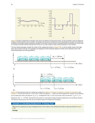 Figure 2.29 Graphs of instantaneous acceleration versus time for two different one-dimensional motions. (a) Here acceleration varies only slightly and
is always in the same direction, since it is positive. The average over the interval is nearly the same as the acceleration at any given time. (b) Here the
acceleration varies greatly, perhaps representing a package on a post office conveyor belt that is accelerated forward and backward as it bumps along.
It is necessary to consider small time intervals (such as from 0 to 1.0 s) with constant or nearly constant acceleration in such a situation.
The next several examples consider the motion of the subway train shown in Figure 2.30. In (a) the shuttle moves to the right,
and in (b) it moves to the left. The examples are designed to further illustrate aspects of motion and to illustrate some of the
reasoning that goes into solving problems.
Figure 2.30 One-dimensional motion of a subway train considered in Example 2.2, Example 2.3, Example 2.4, Example 2.5, Example 2.6, and
Example 2.7. Here we have chosen the x -axis so that + means to the right and − means to the left for displacements, velocities, and accelerations.
(a) The subway train moves to the right from x0 to xf . Its displacement Δx is +2.0 km. (b) The train moves to the left from x′0 to x′f . Its
displacement Δx′ is −1.5 km . (Note that the prime symbol (′) is used simply to distinguish between displacement in the two different situations.
The distances of travel and the size of the cars are on different scales to fit everything into the diagram.)
Example 2.2 Calculating Displacement: A Subway Train
What are the magnitude and sign of displacements for the motions of the subway train shown in parts (a) and (b) of Figure
2.30?
Strategy
50 Chapter 2 | Kinematics
This content is available for free at http://cnx.org/content/col11844/1.13
 