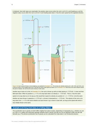 is obtained. Here both signs are meaningful; the positive value occurs when the rock is at 8.10 m and heading up, and the
negative value occurs when the rock is at 8.10 m and heading back down. It has the same speed but the opposite direction.
Figure 2.54 (a) A person throws a rock straight up, as explored in Example 2.14. The arrows are velocity vectors at 0, 1.00, 2.00, and 3.00 s. (b)
A person throws a rock straight down from a cliff with the same initial speed as before, as in Example 2.15. Note that at the same distance below
the point of release, the rock has the same velocity in both cases.
Another way to look at it is this: In Example 2.14, the rock is thrown up with an initial velocity of 13.0 m/s . It rises and then
falls back down. When its position is y = 0 on its way back down, its velocity is −13.0 m/s . That is, it has the same
speed on its way down as on its way up. We would then expect its velocity at a position of y = −5.10 m to be the same
whether we have thrown it upwards at +13.0 m/s or thrown it downwards at −13.0 m/s . The velocity of the rock on its
way down from y = 0 is the same whether we have thrown it up or down to start with, as long as the speed with which it
was initially thrown is the same.
Example 2.16 Find g from Data on a Falling Object
The acceleration due to gravity on Earth differs slightly from place to place, depending on topography (e.g., whether you are
on a hill or in a valley) and subsurface geology (whether there is dense rock like iron ore as opposed to light rock like salt
beneath you.) The precise acceleration due to gravity can be calculated from data taken in an introductory physics
72 Chapter 2 | Kinematics
This content is available for free at http://cnx.org/content/col11844/1.13
 