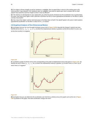 23. If an object is thrown straight up and air resistance is negligible, then its speed when it returns to the starting point is the
same as when it was released. If air resistance were not negligible, how would its speed upon return compare with its initial
speed? How would the maximum height to which it rises be affected?
24. The severity of a fall depends on your speed when you strike the ground. All factors but the acceleration due to gravity being
the same, how many times higher could a safe fall on the Moon be than on Earth (gravitational acceleration on the Moon is about
1/6 that of the Earth)?
25. How many times higher could an astronaut jump on the Moon than on Earth if his takeoff speed is the same in both locations
(gravitational acceleration on the Moon is about 1/6 of g on Earth)?
2.8 Graphical Analysis of One Dimensional Motion
26. (a) Explain how you can use the graph of position versus time in Figure 2.66 to describe the change in velocity over time.
Identify (b) the time ( ta , tb , tc , td , or te ) at which the instantaneous velocity is greatest, (c) the time at which it is zero, and
(d) the time at which it is negative.
Figure 2.66
27. (a) Sketch a graph of velocity versus time corresponding to the graph of displacement versus time given in Figure 2.67. (b)
Identify the time or times ( ta , tb , tc , etc.) at which the instantaneous velocity is greatest. (c) At which times is it zero? (d) At
which times is it negative?
Figure 2.67
28. (a) Explain how you can determine the acceleration over time from a velocity versus time graph such as the one in Figure
2.68. (b) Based on the graph, how does acceleration change over time?
86 Chapter 2 | Kinematics
This content is available for free at http://cnx.org/content/col11844/1.13
 