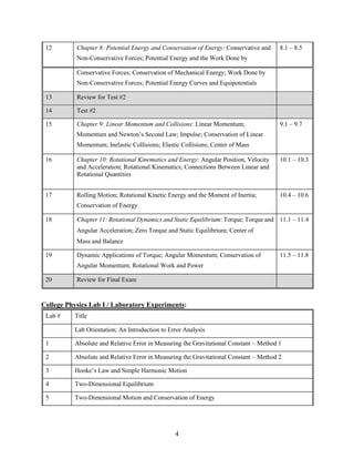 4
12 Chapter 8: Potential Energy and Conservation of Energy: Conservative and
Non-Conservative Forces; Potential Energy and the Work Done by
8.1 – 8.5
Conservative Forces; Conservation of Mechanical Energy; Work Done by
Non-Conservative Forces; Potential Energy Curves and Equipotentials
13 Review for Test #2
14 Test #2
15 Chapter 9: Linear Momentum and Collisions: Linear Momentum;
Momentum and Newton’s Second Law; Impulse; Conservation of Linear
Momentum; Inelastic Collisions; Elastic Collisions; Center of Mass
9.1 – 9.7
16 Chapter 10: Rotational Kinematics and Energy: Angular Position, Velocity
and Acceleration; Rotational Kinematics; Connections Between Linear and
Rotational Quantities
10.1 – 10.3
17 Rolling Motion; Rotational Kinetic Energy and the Moment of Inertia;
Conservation of Energy
10.4 – 10.6
18 Chapter 11: Rotational Dynamics and Static Equilibrium: Torque; Torque and
Angular Acceleration; Zero Torque and Static Equilibrium; Center of
Mass and Balance
11.1 – 11.4
19 Dynamic Applications of Torque; Angular Momentum; Conservation of
Angular Momentum; Rotational Work and Power
11.5 – 11.8
20 Review for Final Exam
College Physics Lab I / Laboratory Experiments:
Lab # Title
Lab Orientation; An Introduction to Error Analysis
1 Absolute and Relative Error in Measuring the Gravitational Constant – Method 1
2 Absolute and Relative Error in Measuring the Gravitational Constant – Method 2
3 Hooke’s Law and Simple Harmonic Motion
4 Two-Dimensional Equilibrium
5 Two-Dimensional Motion and Conservation of Energy
 