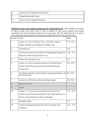 5
6 Conservation of Momentum in Collisions
7 Angular Motion and Torque
8 Conservation of Angular Momentum
Schedule of topics and reading assignments for College Physics II: This schedule is provided
to help you plan your course work. In order to prepare for class, please complete each reading
assignment before the class during which the topic is discussed. After the material has been covered in
class, repeat the reading at least once and practice examples from the text and your class notes.
Lesson # Topic Read
1 Chapter 19: Electric Charges, Forces, and Fields: Electric
Charge; Insulators and Conductors; Coulomb’s Law
19.1, 19.2
2 Coulomb’s law 19.3
3 The Electric Field; Electric Field Lines; Shielding and Charging by
Induction; Electric Flux and Gauss’s Law
19.4 – 19.6
4 Electric Flux and Gauss’s Law 19.7
5 Chapter 20: Electric Potential and Electric Potential Energy:
Electric Potential Energy and the Electric Potential; Energy
Conservation
20.1, 20.2
6 The Electric Potential of Point Charges; Equipotential Surfaces and
the Electric Field
20.3, 20.4
7 Capacitors and Dielectrics; Electrical Energy Storage 20.5, 20.6
8 Review for Test #1
9 Test #1
10 Chapter 21: Electric Current and Direct-Current Circuits:
Electric Current; Resistance and Ohm’s Law; Energy and Power in
Electric Circuits; Resistors in Series and Parallel
21.1 – 21.4
11 Kirchhoff’s Rules 21.5
12 Circuits Containing Capacitors; RC Circuits; Ammeters and
Voltmeters
21.6 – 21.8
 