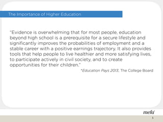 The Importance of Higher Education
“Evidence is overwhelming that for most people, education
beyond high school is a prerequisite for a secure lifestyle and
significantly improves the probabilities of employment and a
stable career with a positive earnings trajectory. It also provides
tools that help people to live healthier and more satisfying lives,
to participate actively in civil society, and to create
opportunities for their children.”
*Education Pays 2013, The College Board
5
 