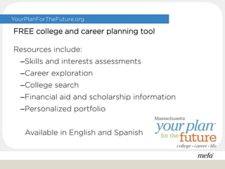 YourPlanForTheFuture.org
FREE college and career planning tool
Resources include:
–Skills and interests assessments
–Career exploration
–College search
–Financial aid and scholarship information
–Personalized portfolio
Available in English and Spanish
 