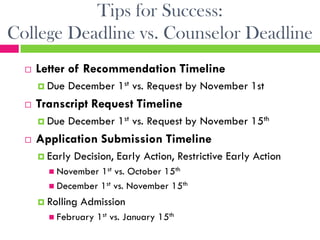 Tips for Success:
College Deadline vs. Counselor Deadline
     Letter of Recommendation Timeline
       Due   December 1st vs. Request by November 1st
     Transcript Request Timeline
       Due   December 1st vs. Request by November 15th
     Application Submission Timeline
       Early   Decision, Early Action, Restrictive Early Action
         November 1st vs. October 15th
         December 1st vs. November 15th

       Rolling   Admission
         February   1st vs. January 15th
 