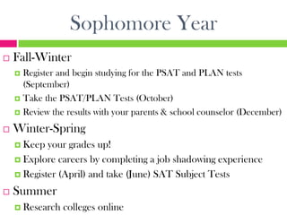Sophomore Year
   Fall-Winter
     Register and begin studying for the PSAT and PLAN tests
      (September)
     Take the PSAT/PLAN Tests (October)

     Review the results with your parents & school counselor (December)

   Winter-Spring
     Keep  your grades up!
     Explore careers by completing a job shadowing experience

     Register (April) and take (June) SAT Subject Tests

   Summer
     Research   colleges online
 