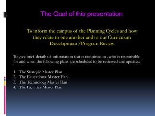 The Goal of this presentationTo inform the campus of the Planning Cycles and how they relate to one another and to our Curriculum Development /Program ReviewTo give brief details of information that is contained in , who is responsible for and when the following plans are scheduled to be reviewed and updated:The Strategic Master PlanThe Educational Master PlanThe Technology Master PlanThe Facilities Master Plan