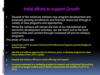 Initial efforts to support GrowthSeveral of the initiatives address new program development and proposes growing enrollments and financial resources through a variety of new programs and approaches. While the campus will remain the hub of our educational and economic development activities, we will reach out to the local communities and connect through increased off and on-campus programs.The areas of focus are:Expand the LATTC Success in Technical & Professional Programs and the Bridges to Success CenterIdentify and address opportunities to enhance, grow, or develop programs to meet future needs of the LATTC marketExpand and enhance off-hours course offerings and supportIncrease investment in a marketing program to research and understand the evolving needs of our target markets and to clearly communicate the benefits of LATTC to them
