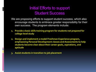 Initial Efforts to support Student SuccessWe are proposing efforts to support student success, which also encourage students to embrace greater responsibility for their own success.  The program elements include:1.	Provide a basic skills training program for students not prepared for college-level study2.	Design and implement a model Freshman Experience program, emphasizing Personal Development classes and Assessments to help students become clear about their career goals, aspirations, and aptitude3.	Assist students in transition to job placement