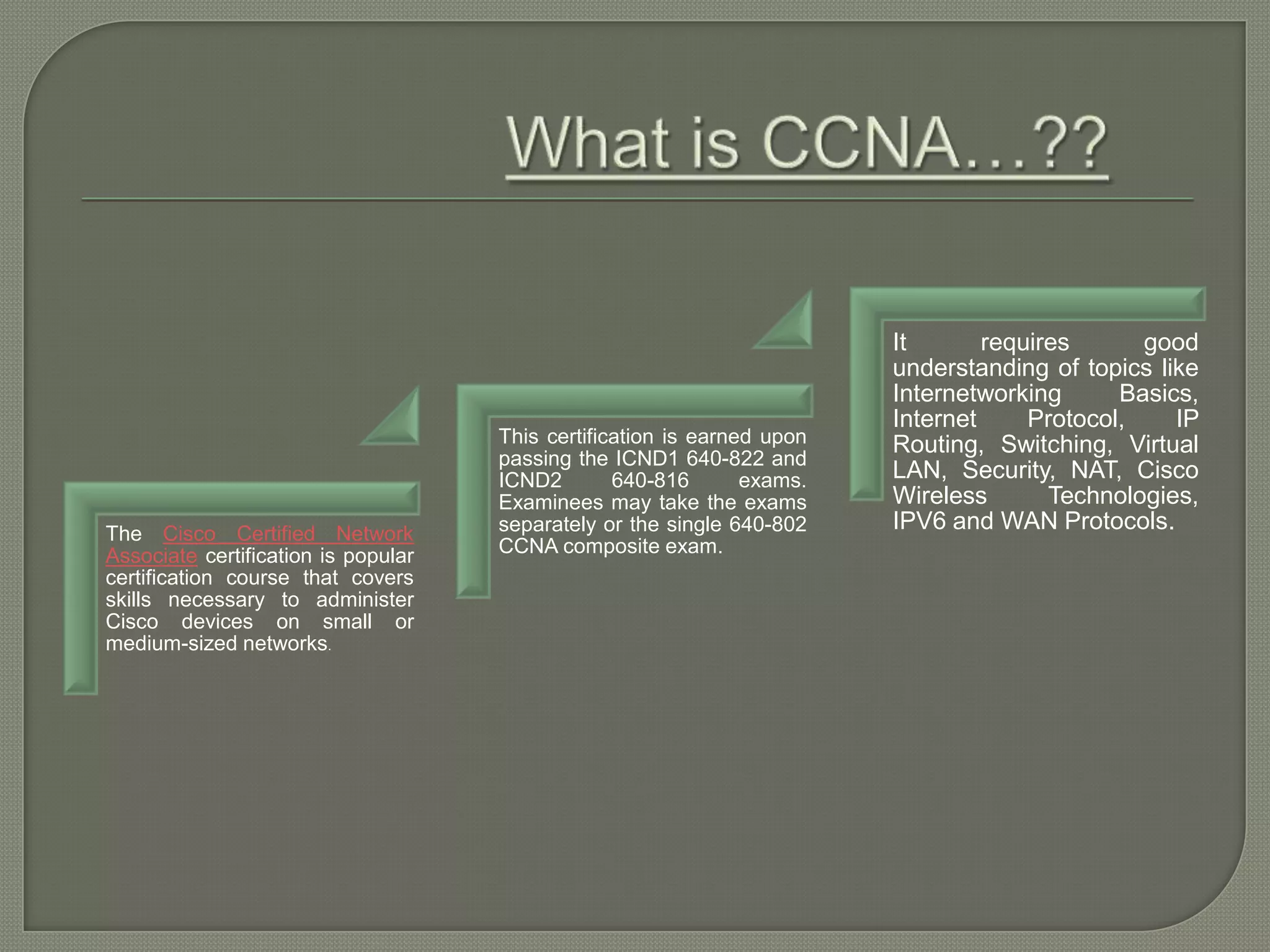 It requires good understanding of topics like Internetworking Basics, Internet Protocol, IP This certification is earned upon Routing, Switching, Virtual passing the ICND1 640-822 and ICND2 640-816 exams. LAN, Security, NAT, Cisco Examinees may take the exams Wireless Technologies, The Cisco Certified Network separately or the single 640-802 IPV6 and WAN Protocols. Associate certification is popular CCNA composite exam. certification course that covers skills necessary to administer Cisco devices on small or medium-sized networks. 