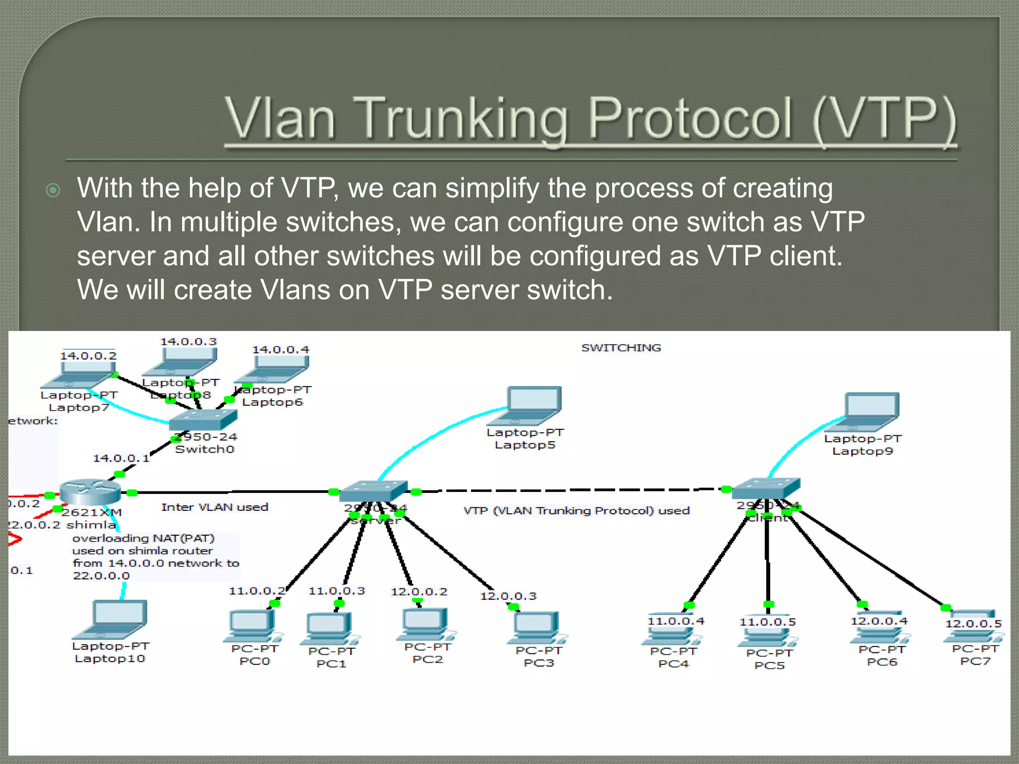  With the help of VTP, we can simplify the process of creating Vlan. In multiple switches, we can configure one switch as VTP server and all other switches will be configured as VTP client. We will create Vlans on VTP server switch. 