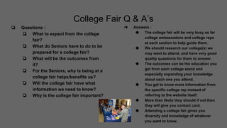 College Fair Q & A’s
❏ Questions :
❏ What to expect from the college
fair?
❏ What do Seniors have to do to be
prepared for a college fair?
❏ What will be the outcomes from
it?
❏ For the Seniors, why is being at a
college fair helps/benefits us?
❏ Will the college fair have what
information we need to know?
❏ Why is the college fair important?
➔ Answers :
◆ The college fair will be very busy as far
college ambassadors and college reps
at each section to help guide them.
◆ We should research our college(s) we
may want to attend, and have very good
quality questions for them to answer.
◆ The outcomes can be the education you
get from each college stand and
especially expanding your knowledge
about each one you attend.
◆ You get to know more information from
the specific college rep instead of
referring to the website itself.
◆ More than likely they should if not then
they will give you contact card.
◆ Attending a college fair gives you
diversity and knowledge of whatever
you want to know.
 