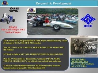 LIET SAE INDIA
COLLIGATE CLUB.
This is our college's colligate
club of SAE INDIA.
Research & Development
The F-1 RACING CAR participated in FSAE Japan; Manufactured by a team
of students of ECE, CSE, EE & ME branches.
Won the 1st Prize in I.C. ENGINE CAR RACE-2012 (FULL THROTTLE)
IIT-Jodhpur.
24th Rank in India in ATV (ALL TERRIAN VEHICLE), BAJASAE-2009.
Won the 3rd Place in BITS, Pilani in the event named “DUAL MODE
VEHICLE CHALLENGE” a car which is rum on both land and water.
1st Prize in Science Exhibition based on the Most Innovative Ideas and
Implementation organized by HSS, Rajasthan-2015
UDAAN
This is our college’s IEEE
Student Chapter
 