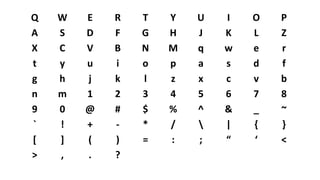 Q W E R T Y U I O P
A S D F G H J K L Z
X C V B N M q w e r
t y u i o p a s d f
g h j k l z x c v b
n m 1 2 3 4 5 6 7 8
9 0 @ # $ % ^ & _ ~
` ! + - * /  | { }
[ ] ( ) = : ; “ ‘ <
> , . ?
 