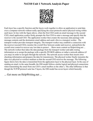 Nt1310 Unit 1 Network Analysis Paper
Each layer has a specific function and the layers work together to allow an application to send data
over a computer network without really specifying the exact protocols and/or physical wiring within
each layer. In line with the figure above, when the first CEO sends an email message to the second
CEO, email application worker firstly prompts the first CEO to enter a message and specify that the
receiver is the second CEO. The application worker then creates the necessary data package with
message contents and the destination email address and send s this to a transport worker . The
transport worker provides transport integrity. The transport worker may establish a connection with
the receiver (second CEO); monitor the overall flow between sender and receiver, and perform the
overall error control to recover any lost data to protect ... Show more content on Helpwriting.net ...
The network worker then takes the data package from the transport worker and adds routing
information as to assign the package with a specific PO BOX address or rather a network address (if
you may) in order to navigate through the network. The network access worker then inserts error
checking information and prepares the data for transmission. The physical worker finally transmits the
data via a physical or wireless medium so that the second CEO receives the message. The following
figure shows how the data is transmitted from the application layer to the physical layer. In the case of
sending an email, in the same breadth, the OSI model follows similar logical and physical connections
when transmitting the email from one CEO s email mailbox to the other s. The other difference is that
though the TCP/IP protocol suite has 5 layers, the OSI model has seven layers which basically
... Get more on HelpWriting.net ...
 