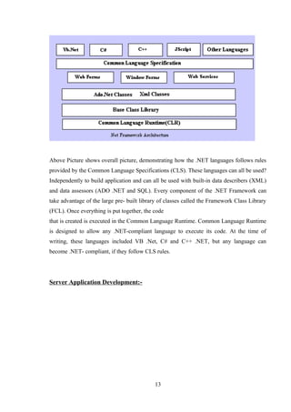 Above Picture shows overall picture, demonstrating how the .NET languages follows rules
provided by the Common Language Specifications (CLS). These languages can all be used?
Independently to build application and can all be used with built-in data describers (XML)
and data assessors (ADO .NET and SQL). Every component of the .NET Framework can
take advantage of the large pre- built library of classes called the Framework Class Library
(FCL). Once everything is put together, the code
that is created is executed in the Common Language Runtime. Common Language Runtime
is designed to allow any .NET-compliant language to execute its code. At the time of
writing, these languages included VB .Net, C# and C++ .NET, but any language can
become .NET- compliant, if they follow CLS rules.
Server Application Development:-
13
 