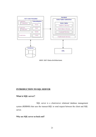 INTRODUCTION TO SQL SERVER
What is SQL server?
SQL server is a client/server relational database management
system (RDBMS) that uses the transact-SQL to send request between the client and SQL
server.
Why use SQL server as back end?
21
 