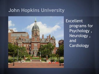 John Hopkins University

                          Excellent
                            programs for
                            Psychology ,
                            Neurology ,
                            and
                            Cardiology
 