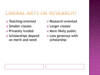  Teaching-oriented      Research-oriented
 Smaller classes        Larger classes
 Privately funded       More likely public
 Scholarships depend    Less generous with
  on merit and need       scholarship
 