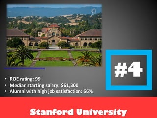 Stanford University
http://annualreport.stanford.edu/2010/images/quad.jpg
• ROE rating: 99
• Median starting salary: $61,3...