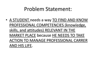 Problem Statement:
• A STUDENT needs a way TO FIND AND KNOW
PROFESSIONAL COMPETENCIES (knowledge,
skills, and attitudes) RELEVANT IN THE
MARKET PLACE because HE NEEDS TO TAKE
ACTION TO MANAGE PROFESSIONAL CARRER
AND HIS LIFE.
 
