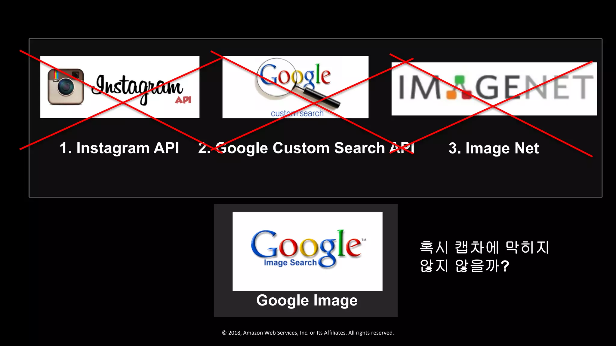 © 2018, Amazon Web Services, Inc. or Its Affiliates. All rights reserved.
1. Instagram API 2. Google Custom Search API 3. Image Net
Google Image
혹시 캡차에 막히지
않지 않을까?
 