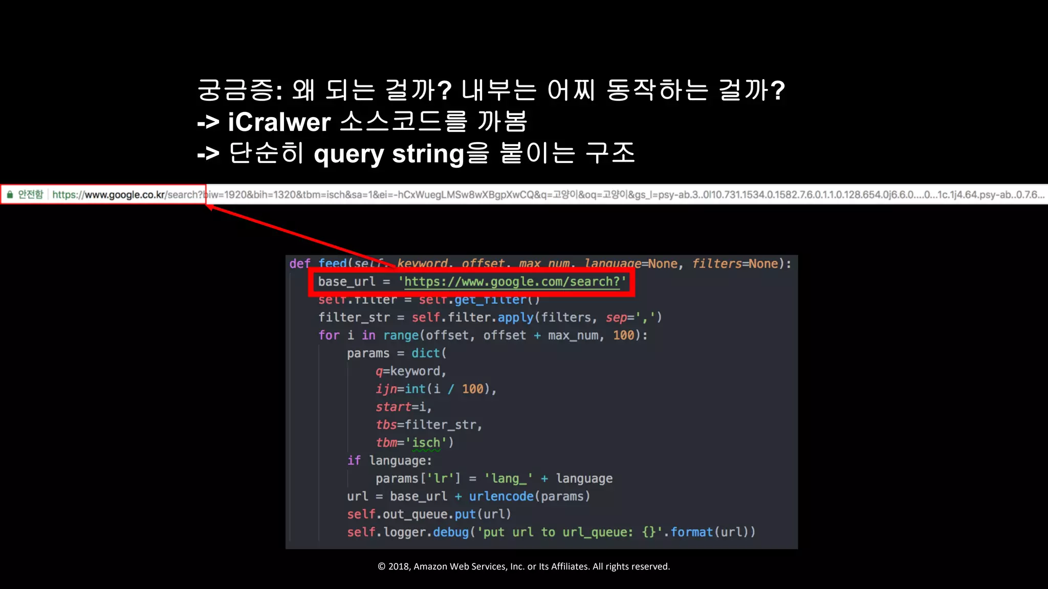 © 2018, Amazon Web Services, Inc. or Its Affiliates. All rights reserved.
궁금증: 왜 되는 걸까? 내부는 어찌 동작하는 걸까?
-> iCralwer 소스코드를 까봄
-> 단순히 query string을 붙이는 구조
 