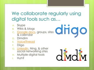 z
We collaborate regularly using
digital tools such as…
A. Skype
B. Wikis & blogs
C. Google docs, groups, sites
& calendar
D. Dimdim
E. VoiceThread
F. Diigo
G. LinkedIn, Ning, & other
social networking sites
H. Multiple digital tools
I. Huh?
 