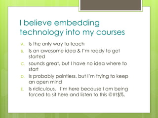 z
I believe embedding
technology into my courses
A. Is the only way to teach
B. Is an awesome idea & I’m ready to get
started
C. sounds great, but I have no idea where to
start
D. Is probably pointless, but I’m trying to keep
an open mind
E. Is ridiculous. I’m here because I am being
forced to sit here and listen to this @#!$%.
 