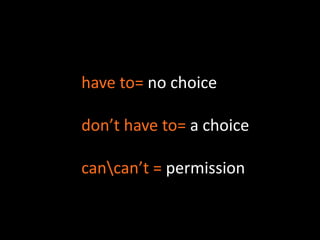 have to= no choice 
don’t have to= a choice 
cancan’t = permission 
 