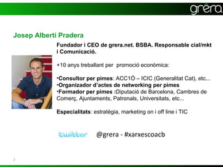 Josep Alberti Pradera
            Fundador i CEO de grera.net. BSBA. Responsable cial/mkt
            i Comunicació.

            +10 anys treballant per promoció econòmica:

            •Consultor per pimes: ACC1Ó – ICIC (Generalitat Cat), etc...
            •Organizador d’actes de networking per pimes
            •Formador per pimes :Diputació de Barcelona, Cambres de
            Comerç, Ajuntaments, Patronals, Universitats, etc...

            Especialitats: estratègia, marketing on i off line i TIC



                            @grera - #xarxescoacb


2
 