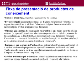 Nom del producte :  La restitució econòmica a les víctimes Breu descripció : document que recull les diferents reflexions al voltant de la reparació econòmica a la víctima, l’alternativa belga de fons restauratiu i la responsabilitat civil en el procés penal de menors. Millores que aporta a l’organització i/o problemes que resol : haver fet aflorar un tema (la reparació econòmica a la víctima) que no s’havia treballat prou des de la promulgació de la Llei 5/2000, de responsabilitat penal del menor. Provocar l’interès en la continuació del treball a un nivell més ampli: “el nivell de satisfacció de les víctimes amb el programa de mediació i reparació”.  Indicadors per avaluar-ne l’aplicació : es podrà avaluar l’aplicació del treball fet a partir d’analitzar els programes de reparació econòmica realitzats l’any 2008. També es podrà saber a partir de veure la implicació i participació del col·lectiu en l’enquesta a víctimes durant l’any 2008. Nivell d’utilització per al col·lectiu : El tema econòmic és una alternativa a tenir sempre en compte dins del programa de mediació i reparació a la víctima. Fitxa de presentació de productes de coneixement 