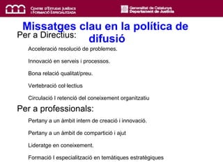 Missatges clau en la política de  difusió Per a Directius: Acceleració resolució de problemes. Innovació en serveis i processos. Bona   relació qualitat/preu. Vertebració col·lectius Circulació I retenció del coneixement organitzatiu Per a professionals: Pertany a un àmbit intern de creació  i  innovació. Pertany a un àmbit de compartició  i  ajut  Lideratge en coneixement. Formació I especialització en temàtiques estratègiques   . 