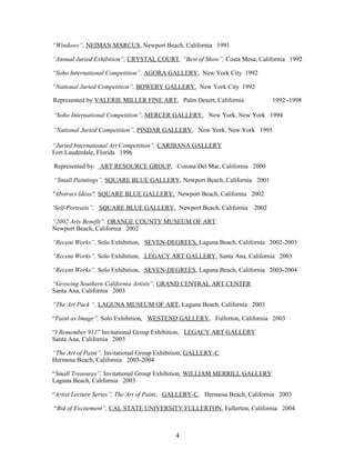 “Windows”, NEIMAN MARCUS, Newport Beach, California 1991
“Annual Juried Exhibition”, CRYSTAL COURT, “Best of Show”, Costa Mesa, California 1992
“Soho International Competition”, AGORA GALLERY, New York City 1992
“National Juried Competition”, BOWERY GALLERY, New York City 1992
Represented by VALERIE MILLER FINE ART, Palm Desert, California 1992 -1998
“Soho International Competition”, MERCER GALLERY, New York, New York 1994
“National Juried Competition”, PINDAR GALLERY, New York, New York 1995
“Juried International Art Competition”, CARIBANA GALLERY
Fort Lauderdale, Florida 1996
Represented by: ART RESOURCE GROUP, Corona Del Mar, California 2000
“Small Paintings”, SQUARE BLUE GALLERY, Newport Beach, California 2001
"Abstract Ideas", SQUARE BLUE GALLERY, Newport Beach, California 2002
‘Self-Portraits”, SQUARE BLUE GALLERY, Newport Beach, California 2002
“2002 Arts Benefit”, ORANGE COUNTY MUSEUM OF ART
Newport Beach, California 2002
“Recent Works”, Solo Exhibition, SEVEN-DEGREES, Laguna Beach, California 2002-2003
“Recent Works”, Solo Exhibition, LEGACY ART GALLERY, Santa Ana, California 2003
“Recent Works”, Solo Exhibition, SEVEN-DEGREES, Laguna Beach, California 2003-2004
“Growing Southern California Artists”, GRAND CENTRAL ART CENTER
Santa Ana, California 2003
“The Art Pack “, LAGUNA MUSEUM OF ART, Laguna Beach, California 2003
“Paint as Image”, Solo Exhibition, WESTEND GALLERY, Fullerton, California 2003
“I Remember 911” Invitational Group Exhibition, LEGACY ART GALLERY
Santa Ana, California 2003
“The Art of Paint”, Invitational Group Exhibition, GALLERY-C
Hermosa Beach, California 2003-2004
“Small Treasures”, Invitational Group Exhibition, WILLIAM MERRILL GALLERY
Laguna Beach, California 2003
“Artist Lecture Series”, The Art of Paint, GALLERY-C, Hermosa Beach, California 2003
“Bid of Excitement”, CAL STATE UNIVERSITY FULLERTON, Fullerton, California 2004
4
 