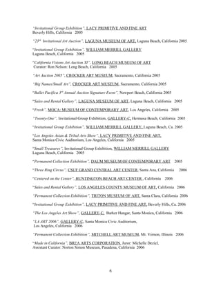 “Invitational Group Exhibition”, LACY PRIMITIVE AND FINE ART
Beverly Hills, California 2005
“23rd
Invitational Art Auction”, LAGUNA MUSEUM OF ART, Laguna Beach, California 2005
“Invitational Group Exhibition”, WILLIAM MERRILL GALLERY
Laguna Beach, California 2005
“California Visions Art Auction XI”, LONG BEACH MUSEUM OF ART
Curator: Ron Nelson: Long Beach, California 2005
“Art Auction 2005”, CROCKER ART MUSEUM, Sacramento, California 2005
“Big Names/Small Art”, CROCKER ART MUSEUM, Sacramento, California 2005
“Ballet Pacifica 3rd
Annual Auction Signature Event”, Newport Beach, California 2005
“Sales and Rental Gallery”, LAGUNA MUSEUM OF ART, Laguna Beach, California 2005
“Fresh”, MOCA: MUSEUM OF CONTEMPORARY ART, Los Angeles, California 2005
“Twenty-One”, Invitational Group Exhibition, GALLERY-C, Hermosa Beach, California 2005
“Invitational Group Exhibition”, WILLIAM MERRILL GALLERY, Laguna Beach, Ca. 2005
“Los Angeles Asian & Tribal Arts Show”, LACY PRIMITIVE AND FINE ART,
Santa Monica Civic Auditorium, Los Angeles, California 2005
“Small Treasures”, Invitational Group Exhibition, WILLIAM MERRILL GALLERY
Laguna Beach, California 2005
“Permanent Collection Exhibition”, DAUM MUSEUM OF CONTEMPORARY ART 2005
“Three Ring Circus”, CSUF GRAND CENTRAL ART CENTER, Santa Ana, California 2006
“Centered on the Center”, HUNTINGTON BEACH ART CENTER , California 2006
“Sales and Rental Gallery”, LOS ANGELES COUNTY MUSEUM OF ART, California 2006
“Permanent Collection Exhibition”, TRITON MUSEUM OF ART, Santa Clara, California 2006
“Invitational Group Exhibition”, LACY PRIMITIVE AND FINE ART, Beverly Hills, Ca. 2006
“The Los Angeles Art Show”, GALLERY-C, Barker Hangar, Santa Monica, California 2006
“LA ART 2006”, GALLERY-C, Santa Monica Civic Auditorium,
Los Angeles, California 2006
“Permanent Collection Exhibition”, MITCHELL ART MUSEUM, Mt. Vernon, Illinois 2006
“Made in California”, BREA ARTS CORPORATION, Juror: Michelle Deziel,
Assistant Curator: Norton Simon Museum, Pasadena, California 2006
6
 