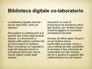 Biblioteca digitale co-laboratorio

La biblioteca digitale estende i       Assumere un ruolo di
servizi disponibili, come ad           promozione ed assistenza attiva
esempio:                               agli studiosi, per renderli capaci
                                       di padroneggiare le necessarie
Raccogliere le pubblicazioni e le      competenze tecniche
banche dati create dagli studiosi,
Attuare la conversione in              Arrivare ad offrire spazi virtuali in
digitale delle edizioni critiche che   cui gli studiosi hanno
gli utenti esperti le indicano,        funzionalità avanzate, come ri-
Dare consulenza sul copyright e        uso e editing dei testi, possibilità
sugli altri standard tecnici e         di annotare e fare commenti da
procedurali idonei per tutte le        condividere con altri studiosi,
risorse digitali create dagli          servizi in genere di supporto alla
studiosi.                              collaborazione con altri esperti
 