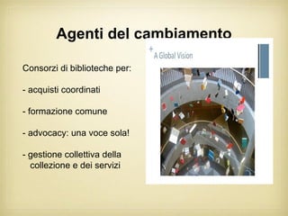 Agenti del cambiamento

Consorzi di biblioteche per:

- acquisti coordinati

- formazione comune

- advocacy: una voce sola!

- gestione collettiva della
  collezione e dei servizi
 