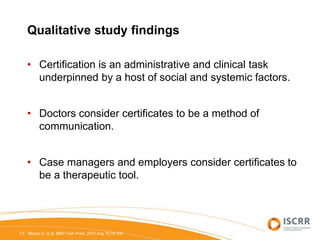 Qualitative study findings
• Certification is an administrative and clinical task
underpinned by a host of social and systemic factors.
• Doctors consider certificates to be a method of
communication.
• Case managers and employers consider certificates to
be a therapeutic tool.
17 Mazza D, et al. BMC Fam Pract. 2015 Aug 15;16:100
 