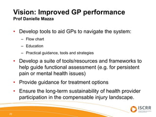 Vision: Improved GP performance
Prof Danielle Mazza
29
• Develop tools to aid GPs to navigate the system:
– Flow chart
– Education
– Practical guidance, tools and strategies
• Develop a suite of tools/resources and frameworks to
help guide functional assessment (e.g. for persistent
pain or mental health issues)
• Provide guidance for treatment options
• Ensure the long-term sustainability of health provider
participation in the compensable injury landscape.
 
