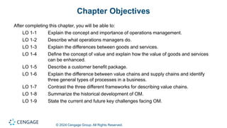 © 2024 Cengage Group. All Rights Reserved.
Chapter Objectives
After completing this chapter, you will be able to:
LO 1-1 Explain the concept and importance of operations management.
LO 1-2 Describe what operations managers do.
LO 1-3 Explain the differences between goods and services.
LO 1-4 Define the concept of value and explain how the value of goods and services
can be enhanced.
LO 1-5 Describe a customer benefit package.
LO 1-6 Explain the difference between value chains and supply chains and identify
three general types of processes in a business.
LO 1-7 Contrast the three different frameworks for describing value chains.
LO 1-8 Summarize the historical development of OM.
LO 1-9 State the current and future key challenges facing OM.
 