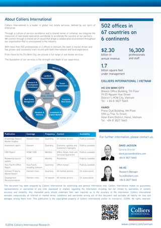 COLLIERS INTERNATIONAL | VIETNAM
HO CHI MINH CITY
Bitexco Office Building, 7th Floor
19-25 Nguyen Hue Street
District 1, HCM City, Vietnam
Tel: + 84 8 3827 5665
HANOI
Press Club Building, 4th Floor
59A Ly Thai To Street,
Hoan Kiem District, Hanoi, Vietnam
Tel: +84 8 3827 5665
502 offices in
67 countries on
6 continents
Accelerating success
DAVID JACKSON
General Director
david.jackson@colliers.com
+84 8 3827 5665
About Colliers International
Colliers International is a leader in global real estate services, defined by our spirit of
enterprise.
Through a culture of service excellence and a shared sense of initiative, we integrate the
resources of real estate specialists worldwide to accelerate the success of our partners.
We connect through a shared set of values that shape a collaborative environment throughout
our organization that is unsurpassed in the industry.
With more than 100 professionals in 2 offices in Vietnam, the team is market driven and
has proven and successful track record with both international and local experience.
From Hanoi to Ho Chi Minh City, we provide a full range of real estate services
The foundation of our services is the strength and depth of our experience.
Publication Coverage Frequency Content Availability
Knowledge Report/
Market Insights
Vietnam Cities Quarterly All market sectors Publicly available
Investment report Vietnam Quarterly Economic updates and
Investment highlights
Publicly available
CBD Report HCMC CBD Monthly Office, Retail, Hotel and
Serviced Apartment
Publicly available
Residential launch
update
HCMC Monthly Residential Publicly available
Asia Pacific Office
Report
Asia Pacific
including Vietnam
Quarterly Office market Publicly available
Vietnam Property
Market Report
Vietnam cities Quarterly All market sectors On subscription
Development
Recommendation
Vietnam cities At request All market sectors On subscription
$2.30
billion in
annual revenue
1.7
billion square feet
under management
16,300
professionals
and staff
This document has been prepared by Colliers International for advertising and general information only. Colliers International makes no guarantees,
representations or warranties of any kind, expressed or implied, regarding the information including, but not limited to, warranties of content,
accuracy and reliability. Any interested party should undertake their own inquiries as to the accuracy of the information. Colliers International
excludes unequivocally all inferred or implied terms, conditions and warranties arising out of this document and excludes all liability for loss and
damages arising there from. This publication is the copyrighted property of Colliers International and/or its licensor(s). ©2016. All rights reserved.
For further information, please contact us:
VIETNAM | RESEARCH  FORECAST REPORT
©2016 Colliers International Research www.colliers.com/vietnam
HA VO
Research Manager
ha.vo@colliers.com
+84 8 3827 5665
 