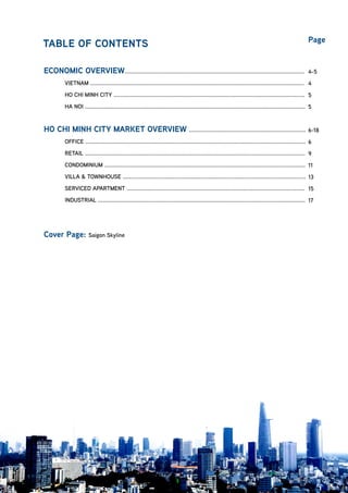 TABLE OF CONTENTS			
											
ECONOMIC OVERVIEW...............................................................................................................	
	 VIETNAM ....................................................................................................................................
	 HO CHI MINH CITY ......................................................................................................................
	 HA NOI ........................................................................................................................................
	
HO CHI MINH CITY MARKET OVERVIEW ........................................................................
	 OFFICE ........................................................................................................................................
	RETAIL ........................................................................................................................................
	CONDOMINIUM ............................................................................................................................
	 VILLA & TOWNHOUSE .................................................................................................................
	 SERVICED APARTMENT ..............................................................................................................	
	INDUSTRIAL ................................................................................................................................
Cover Page: Saigon Skyline
4-5
4
5
5
6-18
6
9
11
13
15
17
Page
 