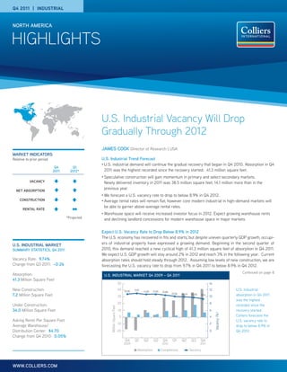 Q4 2011 | INDUSTRIAL


NORTH AMERICA


HIGHLIGHTS



                                               U.S. Industrial Vacancy Will Drop
                                               Gradually Through 2012
                                               JAMES COOK Director of Research | USA
MARKET INDICATORS
Relative to prior period                       U.S. Industrial Trend Forecast
                                               •	 U.S. industrial demand will continue the gradual recovery that began in Q4 2010. Absorption in Q4
                            Q4       Q1
                           2011     2012*         2011 was the highest recorded since the recovery started: 41.3 million square feet.
                                               •	 Speculative
                                                            construction will gain momentum in primary and select secondary markets.
           VACANCY                              Newly delivered inventory in 2011 was 38.5 million square feet, 14.1 million more than in the
                                                previous year.
  NET ABSORPTION
                                               •	 Weforecast a U.S. vacancy rate to drop to below 8.9% in Q4 2012.
    CONSTRUCTION                               •	 Averagerental rates will remain flat; however core modern industrial in high-demand markets will
                                                be able to garner above-average rental rates.
      RENTAL RATE
                                               •	 Warehouse space will receive increased investor focus in 2012. Expect growing warehouse rents
                                  *Projected    and declining landlord concessions for modern warehouse space in major markets.

                                               Expect U.S. Vacancy Rate to Drop Below 8.9% in 2012
                                               The U.S. economy has recovered in fits and starts, but despite uneven quarterly GDP growth, occupi-
U.S. INDUSTRIAL MARKET                         ers of industrial property have expressed a growing demand. Beginning in the second quarter of
SUMMARY STATISTICS, Q4 2011                    2010, this demand reached a new cyclical high of 41.3 million square feet of absorption in Q4 2011.
                                               We expect U.S. GDP growth will stay around 2% in 2012 and reach 3% in the following year. Current
Vacancy Rate: 9.74%                            absorption rates should hold steady through 2012. Assuming low levels of new construction, we are
Change from Q3 2011: –0.26                     forecasting the U.S. vacancy rate to drop from 9.7% in Q4 2011 to below 8.9% in Q4 2012.
                                                                                                                                                                                   Continued on page 8
Absorption:                                     U.S. INDUSTRIAL MARKET Q4 2009 – Q4 2011
41.3 Million Square Feet
                                                                             50                                                                             14
New Construction:                                                            40
                                                                                   10.90   11.10
                                                                                                   11.00   11.00   10.80
                                                                                                                                                            12                 U.S. industrial
7.2 Million Square Feet                                                      30
                                                                                                                           10.56   10.29    10.00    9.74
                                                                                                                                                            10                 absorption in Q4 2011
                                                                                                                                                                               was the highest
                                                                             20                                                                             8
Under Construction:                                                                                                                                                            recorded since the
                                                       Million Square Feet




34.0 Million Square Feet                                                      10                                                                            6                  recovery started.
                                                                                                                                                                 Vacancy (%)




                                                                              0                                                                             4                  Colliers forecasts the
Asking Rents Per Square Foot                                                                                                                                                   U.S. vacancy rate to
                                                                             -10                                                                            2
Average Warehouse/                                                                                                                                                             drop to below 8.9% in
Distribution Center: $4.70                                                   -20                                                                            0                  Q4 2012.
Change from Q4 2010: 0.05%
                                                                                   Q4      Q1      Q2      Q3       Q4     Q1      Q2       Q3      Q4
                                                                                   2009                            2010                             2011

                                                                                              Absorption           Completions             Vacancy



WWW.COLLIERS.COM
 