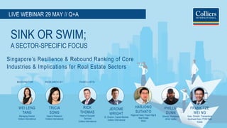 SINK OR SWIM;
A SECTOR-SPECIFIC FOCUS
Singapore’s Resilience & Rebound Ranking of Core
Industries & Implications for Real Estate Sectors
RICK
THOMAS
Head of Occupier
Services
Colliers International
JEROME
WRIGHT
Sr. Director, Capital Markets
Colliers International
HARJONO
SUTANTO
Regional Head, Project Mgt &
Real Estate
Alcon
PHILLIP
DUNN
Director, Workplace
APAC Netflix
FRANK TZE
WEI NG
Exec. Director, Transactions
Southeast Asia | PGIM Real
Estate
WEI LENG
TANG
Managing Director
Colliers International
TRICIA
SONG
Head of Research
Colliers International
MODERATOR: RESEARCH BY: PANELLISTS:
LIVE WEBINAR 29 MAY // Q+A
 