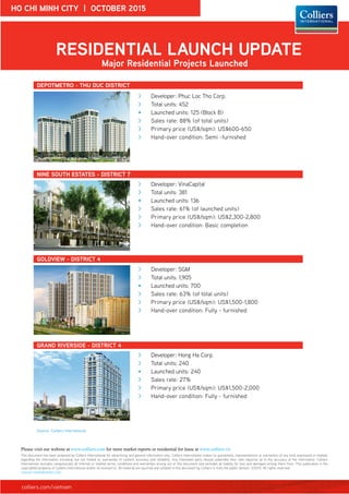 HO CHI MINH CITY | OCTOBER 2015
RESIDENTIAL LAUNCH UPDATE
Major Residential Projects Launched
NINE SOUTH ESTATES - DISTRICT 7
GOLDVIEW - DISTRICT 4
Source: Colliers International
>> Developer: Phuc Loc Tho Corp.
>> Total units: 452
•	 Launched units: 125 (Block B)
>> Sales rate: 88% (of total units)
>> Primary price (US$/sqm): US$600-650
>> Hand-over condition: Semi -furnished
DEPOTMETRO - THU DUC DISTRICT
>> Developer: VinaCapital
>> Total units: 381
•	 Launched units: 136
>> Sales rate: 61% (of launched units)
>> Primary price (US$/sqm): US$2,300-2,800
>> Hand-over condition: Basic completion
>> Developer: SGM
>> Total units: 1,905
•	 Launched units: 700
>> Sales rate: 63% (of total units)
>> Primary price (US$/sqm): US$1,500-1,800
>> Hand-over condition: Fully - furnished
GRAND RIVERSIDE - DISTRICT 4
This document has been prepared by Colliers International for advertising and general information only. Colliers International makes no guarantees, representations or warranties of any kind, expressed or implied,
regarding the information including, but not limited to, warranties of content, accuracy and reliability. Any interested party should undertake their own inquiries as to the accuracy of the information. Colliers
International excludes unequivocally all inferred or implied terms, conditions and warranties arising out of this document and excludes all liability for loss and damages arising there from. This publication is the
copyrighted property of Colliers International and/or its licensor(s). All material are sourced and collated in this document by Colliers is from the public domain. ©2015. All rights reserved.
vietnam.media@colliers.com
Please visit our webiste at www.colliers.com for more market reports or residential for lease at www.colliers.vn
colliers.com/vietnam
>> Developer: Hong Ha Corp.
>> Total units: 240
•	 Launched units: 240
>> Sales rate: 27%
>> Primary price (US$/sqm): US$1,500-2,000
>> Hand-over condition: Fully - furnished
 