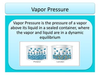 Vapor Pressure
Vapor Pressure is the pressure of a vapor
above its liquid in a sealed container, where
the vapor and liquid are in a dynamic
equilibrium
 