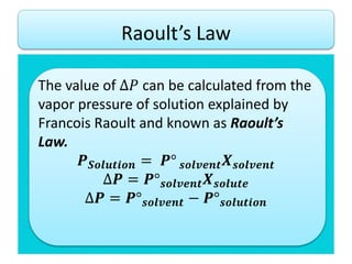 Raoult’s Law
The value of ∆𝑃 can be calculated from the
vapor pressure of solution explained by
Francois Raoult and known as Raoult’s
Law.
𝑷 𝑺𝒐𝒍𝒖𝒕𝒊𝒐𝒏 = 𝑷° 𝒔𝒐𝒍𝒗𝒆𝒏𝒕 𝑿 𝒔𝒐𝒍𝒗𝒆𝒏𝒕
∆𝑷 = 𝑷° 𝒔𝒐𝒍𝒗𝒆𝒏𝒕 𝑿 𝒔𝒐𝒍𝒖𝒕𝒆
∆𝑷 = 𝑷° 𝒔𝒐𝒍𝒗𝒆𝒏𝒕 − 𝑷° 𝒔𝒐𝒍𝒖𝒕𝒊𝒐𝒏
 
