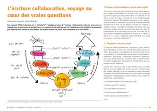 Page 24 • Intelligence Collective - Livre Blanc Retour sommaire
L’écriture collaborative, voyage au
cœur des vraies questions
Véronique Campillo, Pierre Miraillès
Les travaux d’Otto Scharmer sur la Théorie U16
s’appliquent aussi à l’écriture collaborative, selon un processus en
sept phases structurantes et productives. Les auteurs de cet essai en ont fait l’expérience et je relate ici le processus
par lequel je suis passée et sans doute, par lequel chacun est passé pour contribuer à ce Livre blanc.
(16)	 O. Scharmer, Théorie U, Diriger à partir du futur émergent, Pearson Education France, 2010
1. Cesser de reproduire, ouvrir son esprit
Ils sont neuf, réunis parce qu’ils se sont reconnus comme observa-
teurs attentifs et bienveillants du monde. Ils ont pris conscience
qu’à faire toujours plus de la même chose, on n’obtient rien de
mieux, ni pour soi ni pour le monde. Ils se sont demandé quelle
contribution apporter à la réflexion émergente un peu partout,
celle qui innove en profondeur, qui porte de nouvelles manières
de penser et de vivre. Ils ont pensé à un texte qui inviterait à
solliciter, stimuler, concrétiser l’Intelligence Collective. Non pas
comme un énième concept à la mode, mais comme un levier de
transformation de nos sociétés et de nos vies. Ils se sont dit : si,
pour illustrer l’Intelligence Collective en action, on se mettait à
l’épreuve, si on faisait l’expérience d’écrire ensemble, si on vivait
ce processus « en mode collaboratif » ?
2. Observer et percevoir
Ils font plus ample connaissance. Consultants, coachs, facilita-
teurs, formateurs, ils sont tous amenés, dans l’exercice de leur
métier, à transmettre, à être passeurs. Ils aiment cela. Du dehors
ou du dedans, ils travaillent pour toutes sortes d’organisations :
entreprises, associations, collectivités territoriales, administra-
tions, avec toutes sortes de personnes, dont le point commun
est d’être engagées dans des projets de transformation, du plus
modeste au plus ambitieux.
Chacun arrive avec ce qu’il est, ce qu’il croit être, ce qu’il voudrait
être, ce qu’il croit devoir être, ce qu’il sait qu’il ne devrait pas
être. Joyeux mélange ! Ils se sont installés en cercle, pour mieux
s’observer, s’écouter et se découvrir les uns les autres. Un nuage
de questions ne tarde pas à se former au-dessus d’eux, comme les
bulles d’une bande dessinée :
•• Le véritable défi est-il de se mettre d’accord ?
•• Qu’est-ce que l’IC, d’ailleurs ?
•• Sur quel thème vais-je écrire ?
•• Sommes-nous complémentaires ?
•• Quels risques je prends en étant ici ?
•• Etc.
Esprit ouvert
Enfant intéérieur
Les ennemis
Voix du
jugement
Voix de la
peur
Voix du cynisme
Silence
Senourrir
émergence
Silence
Quoi ?
Qui ?
Coeur ouvert
Volontéé ouverte
Nouveau
Reproduire
Observer
Lâcher prise
Percevoir
Prototyper
Cristalliser
Laisser venir
Vraie
Q ?
 
