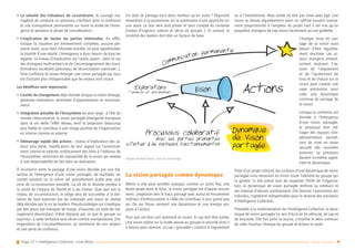 Page 27 • Intelligence Collective - Livre Blanc Retour sommaire
•• La volonté des initiateurs de co-construire, le courage ma-
nagérial de conduire un processus clarifiant dans la confiance
et une transparence permanente sur toute la durée de l’émer-
gence et pendant la phase de concrétisation ;
•• L’implication de toutes les parties intéressées. En effet,
lorsque la situation est éminemment complexe, aucune per-
sonne seule, aussi bien informée soit-elle, ne peut appréhender
la totalité d’une réalité. L’émergence a donc besoin de tous les
regards. Le niveau d’implication est l’autre aspect : dans le cas
des dialogues multi-acteurs et de l’accompagnement des trans-
formations sociétales (processus de réconciliation nationale…),
faire confiance et laisser émerger une vision partagée par tous
est d’autant plus indispensable que les enjeux sont vitaux.
Les bénéfices sont importants :
•• Courbe de changement déjà réalisée lorsque la vision émerge,
générant motivation, sentiment d’appartenance et reconnais-
sance.
•• Intégration possible de l’écosystème au sens large : à l’ère du
monde interconnecté, la vision partagée émergente transpose
dans la vie réelle l’effet réseau, rend la projection beaucoup
plus fiable et contribue à une image positive de l’organisation
en interne comme en externe.
•• Démarrage rapide des actions : niveau d’implication des ac-
teurs plus élevé, modification de leur regard sur l’environne-
ment interne et externe, renforcement des liens à l’intérieur de
l’écosystème, sentiment de copropriété de la vision qui amène
à une responsabilité de fait dans sa réalisation.
À mi-chemin entre le partage d’une vision décidée par une hié-
rarchie et l’émergence d’une vision partagée, de multiples va-
riantes existent où la vision est partiellement actée avec une
zone de co-construction possible. La clé de la réussite tiendra à
la clarté de l’espace de liberté et à ses limites. Quel que soit le
niveau de co-construction, le piège sera de succomber à la ten-
tation de faire exprimer par les intéressés une vision en réalité
déjà décidée par le ou les leaders. Pseudo-stratégie qui s’explique
par des peurs (de manquer de temps, d’assumer un style de ma-
nagement descendant, d’être dépassé par ce que le groupe va
exprimer…), cette tentative sera vécue comme manipulatoire. Elle
engendrera de l’incompréhension, un sentiment de non respect
et une perte de confiance.
Un style de partage est-il donc meilleur qu’un autre ? Répondre
reviendrait à se positionner sur la suprématie d’une approche sur
une autre. Le bon sens doit primer et tenir compte du contexte
(niveau d’urgence, valeurs et vécus du groupe…). Et surtout, la
sincérité des leaders doit être un facteur de base.
La vision partagée comme dynamique
Même si elle peut sembler statique, comme un point fixe, une
étoile posée dans le futur, la vision partagée est d’abord mouve-
ment : projection vers le futur, partage avec autrui et mouvement
intérieur d’enthousiasme à l’idée de contribuer à plus grand que
soi. De ces forces naissent une dynamique et une énergie pro-
pices à l’action.
Pour que cet élan soit spontané et vivant, le cap doit être solide.
Une vision stable sur la durée assure au groupe la sécurité dont il
a besoin pour avancer. Le cap « girouette » conduit à l’égarement
ou à l’immobilisme. Mais solide ne doit pas rimer avec figé. Une
vision se rénove régulièrement selon un rythme souvent inverse-
ment proportionnel à l’ampleur du projet tant il est vrai qu’un
paquebot changera de cap moins facilement qu’une goélette.
L’énergie issue du par-
tage de la vision aura
besoin d’être régulière-
ment réactivée. Les ac-
teurs changent, entrent,
sortent, évoluent. S’as-
surer de l’alignement
et de l’ajustement de
tous et de chacun sur la
vision peut s’avérer une
sage précaution pour
créer une dynamique
continue de partage de
la vision.
Lorsque la confiance est
donnée à l’émergence
d’une vision partagée,
le processus doit mé-
nager des espaces d’ex-
périmentation permet-
tant de vivre en toute
sécurité des nouvelles
postures. Le processus
devient lui-même appre-
nant et dynamique.
Pilier d’un projet collectif, les contours d’une dynamique de vision
partagée nous renvoient en miroir toute l’identité du groupe qui
la génère. Si elle prend soin de respecter l’ADN de l’organisa-
tion, la dynamique de vision partagée renforce sa cohésion et
ses chances d’aboutir positivement. Elle favorise l’autonomie des
individus, ingrédient indispensable pour la réussite des processus
d’Intelligence Collective.
Préalable à la matérialisation de l’Intelligence Collective, la dyna-
mique de vision partagée lui sert d’écrin et de véhicule, de cap et
de boussole. Elle fait jaillir la source, cristallise le désir commun
de créer, focalise l’énergie du groupe et éclaire la route.
Processus collaboratif
avec les parties prenantes
«S'initier à de nouveaux fonctionnements»
Dynamique
de vision
partagée
VisionExplorations
Tendances et environnement Actions
D’après Michaël Doyle, «L’art du visionning»
 